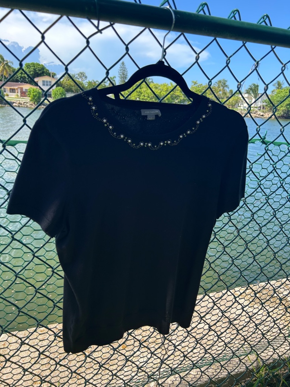 Vintage Ann Taylor Embellished Black Short-Sleeve Knit Top
